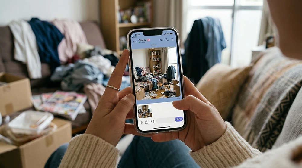 スマートフォンで部屋の写真を送る様子